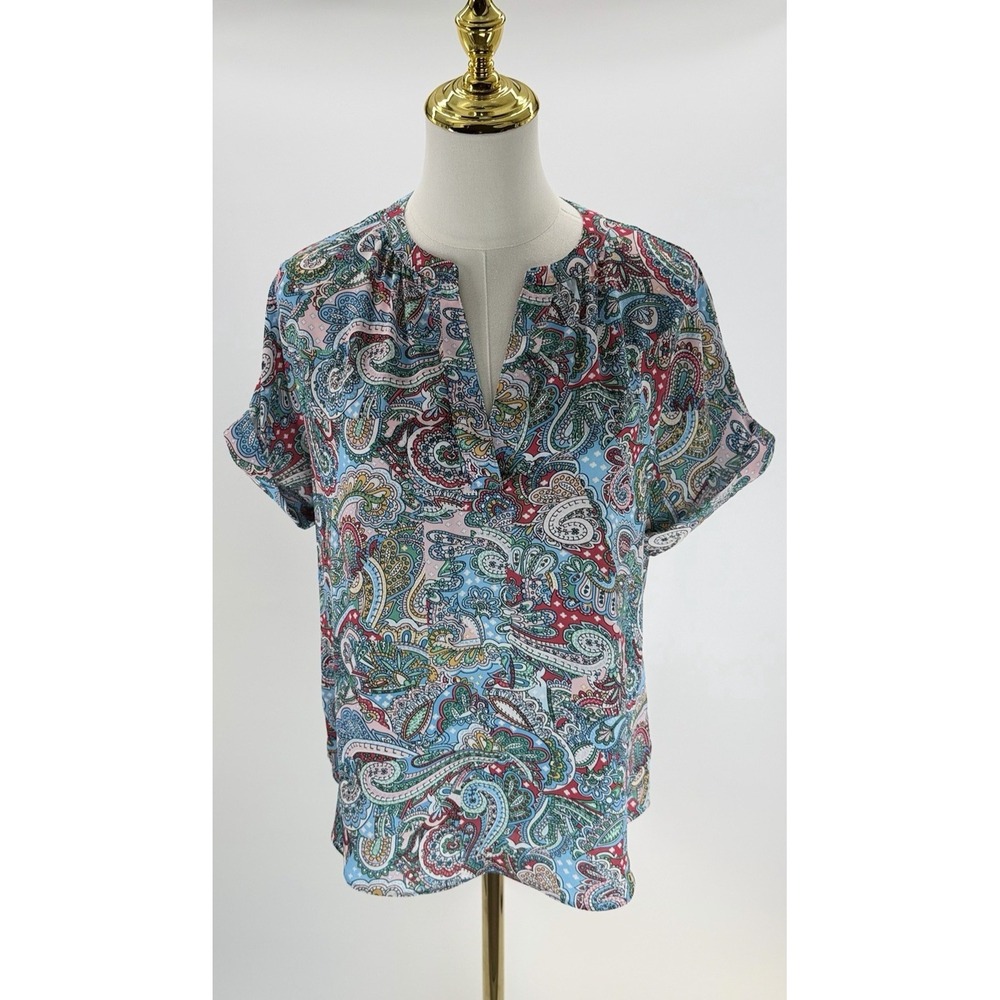 Tahari Women Split Neck Printed Cuffed Short Sleeve Royal Paisley Extra Small XS